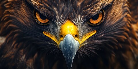 Intense portrait featuring the  face of a powerful bird of prey, showcasing sharp focus on the piercing orange eyes, prominent yellow beak, and dark brown feathers, conveying a feeling of vigilance...