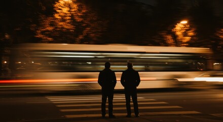 Two men standing on a city crosswalk at night with fast-moving traffic and dynamic motion blur