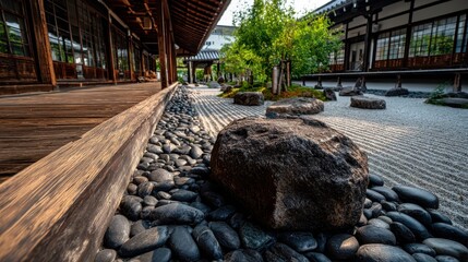 Zen Rock Garden Path With Pebbles And Traditional Wooden Structure