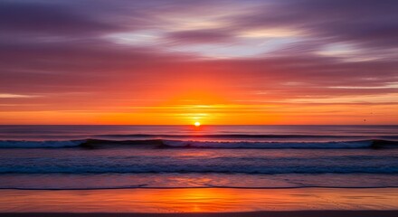 Vibrant sunset over ocean waves reflecting fiery colors purple sky horizon