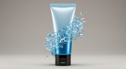 Cooling cosmetic gel tube wrapped in crystal ice cubes and dynamic water splash on a smooth studio background