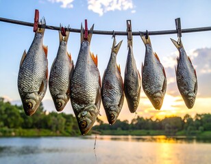 Dried fish hanging on a line by a lake at sunset