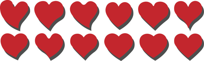 Red and black heart icons set. Vector isolated heart icon set in outline.Heart icon, red, black and outline heart icon, love icon. Different simple vector hearts and love.
