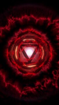 Glowing Root Chakra energy vortex animation, radiant light aura, sacred spiritual geometry, cosmic portal, seamless loop, divine power and mystical balance of inner light.