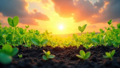 A diverse array of flourishing plants growing towards a bright, hopeful sunrise, symbolizing environmental sustainability and a brighter tomorrow for generations to come , thriving, positive
