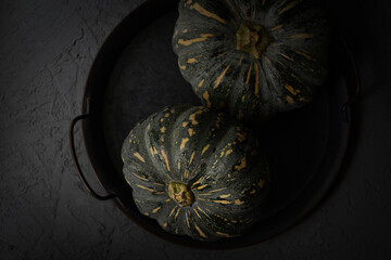 Still life harvest with pumpkins on a tray, Thanksgiving. Autumn composition. Top view.