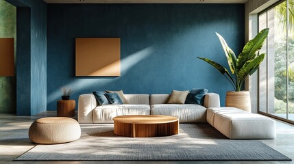 Obraz premium Modern minimalist living room decorated in blue and khaki tones