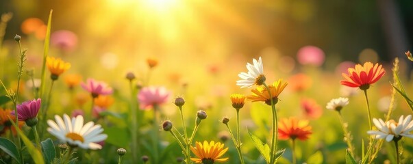Obraz premium A field of wildflowers bathed in sunlight, radiating cheerful, vibrant colors and a sense of carefree joy Perfect for themes of happiness, peace, and natural beauty , optimistic, flowers, peace