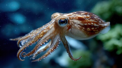 Fototapeta premium Close-Up View of an Elegant Octopus Gliding Through Vibrant Coral Reef with Soft Ocean Light Captured in Underwater Photography