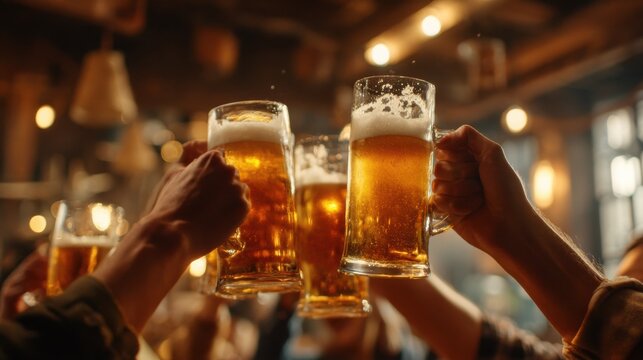 Close up of hands clinking beer mugs in bar, friendship and celebration concept, nightlife pub scene, alcohol drinks, social lifestyle, warm cozy atmosphere