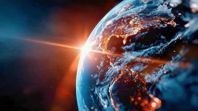 Stunning view of Earth from space with glowing city lights and a sunrise horizon, symbolizing global connection and the future of humanity