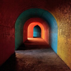 Colorful Concrete Arches Leading Through Tunnel with Dynamic Lighting