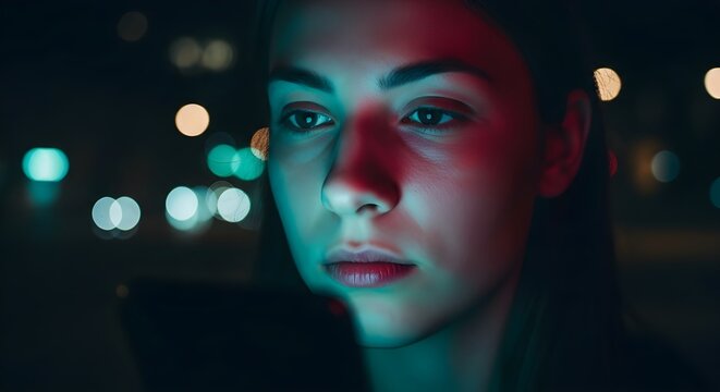 A woman looks intently at her smartphone screen at night, illuminated by neon lights with a blurred city background. - Powered by Adobe