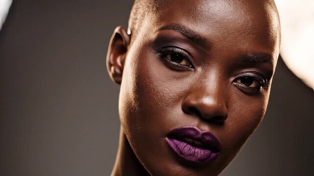 Una mujer africana  calva y con maquillaje profesional impecable de alta costura