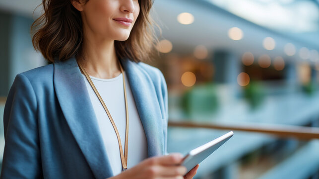 shoulder down portrait of a woman in blazer wearing a subtle badge lanyard tablet tucked to side atrium railings defocused calm color grading space above faceless