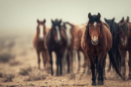 Majestic brown horse walking towards camera amidst a herd in a misty desert landscape