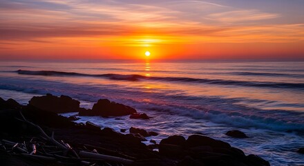 Vibrant sunset over ocean waves reflecting golden sun and pink sky