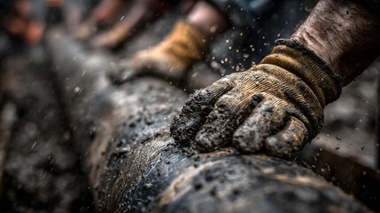 Fototapeta premium Gritty, action-oriented photograph from a low angle, showing the hands of construction workers in gloves laying a large black pipe in a trench.