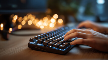 closeup of typing on a mechanical keyboard shallow DOF on keycaps background monitor glow defocused cool tech ambiance left margin clear keyboard closeup