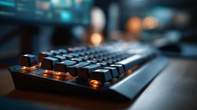 closeup of typing on a mechanical keyboard shallow DOF on keycaps background monitor glow defocused cool tech ambiance left margin clear keyboard closeup