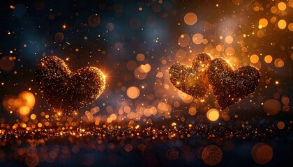 Two Sparkling Golden Hearts on Dark Background