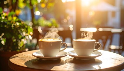 Steaming Coffee Cups on Wooden Table with Bokeh Sunlight and Latte Art