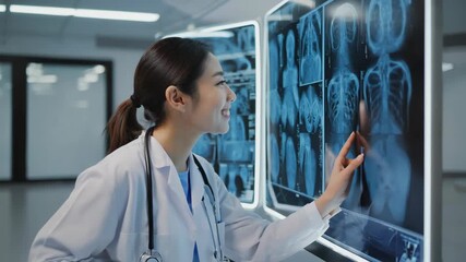 female doctor examining x-ray image, medical professional in white coat with stethoscope, bright hospital interior, confident healthcare worker smiling while analyzing radiology scan - Powered by Adobe
