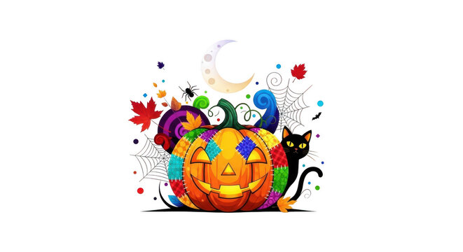 Patchwork jackolantern with black cat and moon isolated on transparent background