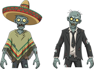 Zombie characters, cartoon undead, sombrero zombie, business suit undead, horror humor, blue skin, Halloween theme, vector art, character design, spooky duo