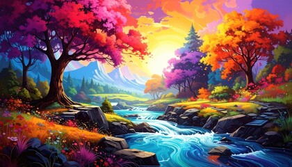 Vibrant Autumn Landscape with River and Mountains