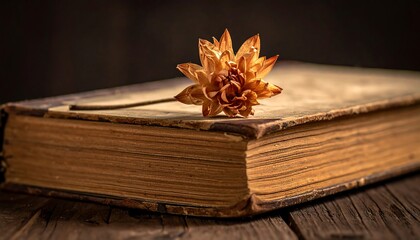 Dried orange flower delicately rests on an aged, weathered book