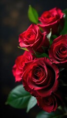 Obraz premium A lush bouquet of velvety red roses, sensual curves of petals, cascading greenery, and droplets of dew Suggestive of romance, intimacy, and passionate desire , botanical, elegant, passion