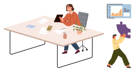 Professional seated at desk with tablet, documents, plant, and tools. Colleague holding puzzle representing teamwork, growth chart highlighting data analysis. Ideal for strategy, teamwork, planning