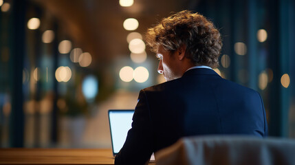back of chair view of a suit jacket draped neatly laptop glow on desk corridor lights defocused into soft bokeh evening ambiance right third free suit