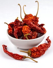 Dried red chili peppers overflow a white ceramic bowl on white