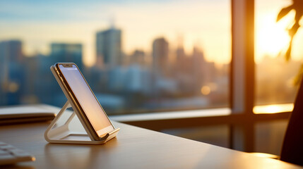 minimalist phone on dock on a clean desk push notification bubble visible (generic) skyline gradient defocused through window negative space above smartphone