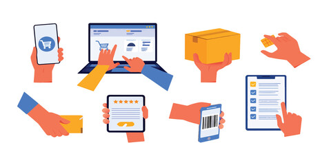 Conceptual set of illustrations for the online shopping process and e-commerce