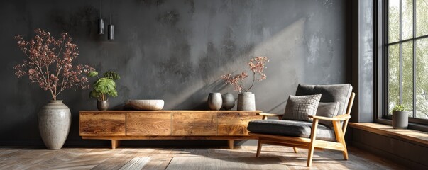 Cozy dark living room with wooden cabinet, modern chair, and natural light glow