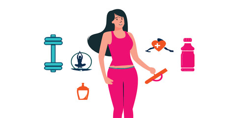 Dynamic Fitness and Wellness Illustration with Active Woman and Essential Health Icons