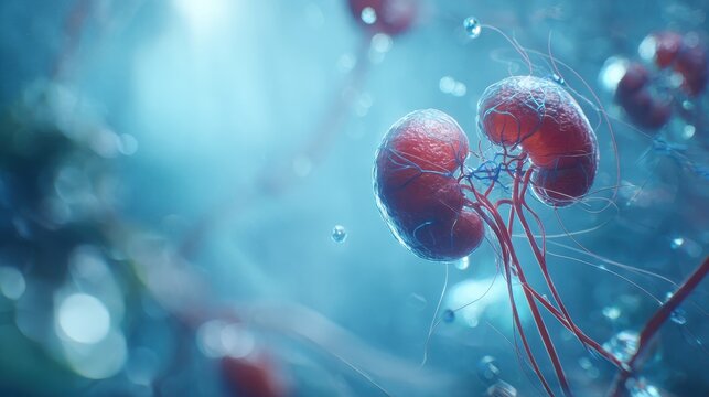 Realistic human kidney anatomy illustration, renal system with blood vessels, medical healthcare concept, nephrology science background, detailed internal organ visualization