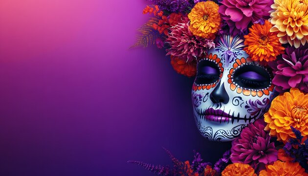 Dia de los Muertos Catrina mask with dahlias, roses, marigolds