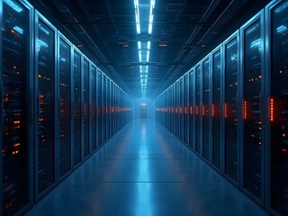 A futuristic server corridor displays endless racks, bathed in a deep blue, high-tech glow, horizontal composition. Bright orange indicators on the equipment signify active data processing and cloud.