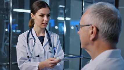 female doctor showing medical results on tablet to senior male patient, healthcare consultation, modern clinic interior, professional medical examination, patient care - Powered by Adobe