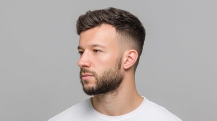 Obraz premium Man with Short Dark Hair and Beard Posing Against Grey Background in Casual White T-Shirt Profile View