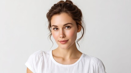 Natural Beauty Portrait of a Young Woman with Soft Makeup and Light Hair Against a Neutral Background