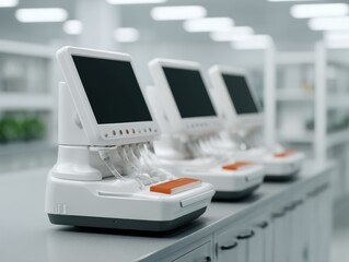 row of modern laboratory devices with screens, designed for precise scientific analysis, set against a clean, minimalist workspace.