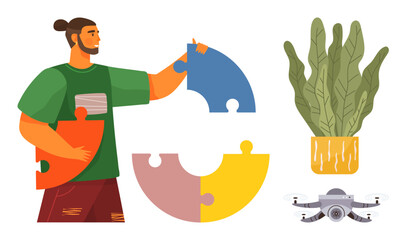 Man holds and connects puzzle pieces in a teamwork context. Nearby are a quadcopter and decorative plant. Ideal for collaboration, problem-solving, creativity, innovation, technology, teamwork