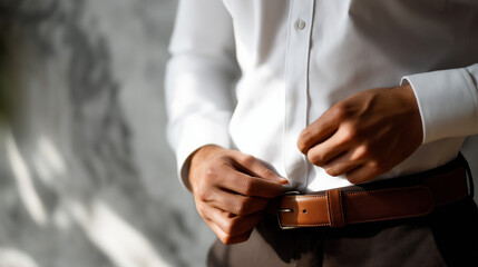 torso only shot of a professional fastening a minimalist leather belt before a meeting soft side light marble wall texture defocused cool neutrals negative space on