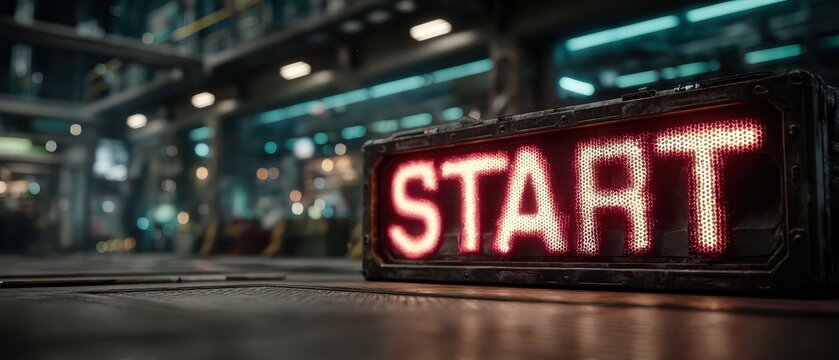 Neon START Sign in a Futuristic Warehouse Interior with Dramatic Lighting and Industrial Elements for Tech and Gaming Themes