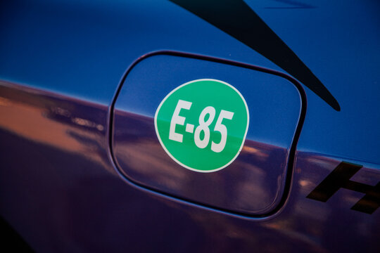 Close-up of E-85 emblem on vehicle gas cap